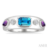 6x4 MM Octagon Shape Blue Topaz & 5x3 MM Pear Shape Amethyst and 1/20 Ctw Round Cut Diamond Semi-Precious Ring in Sterling Silver